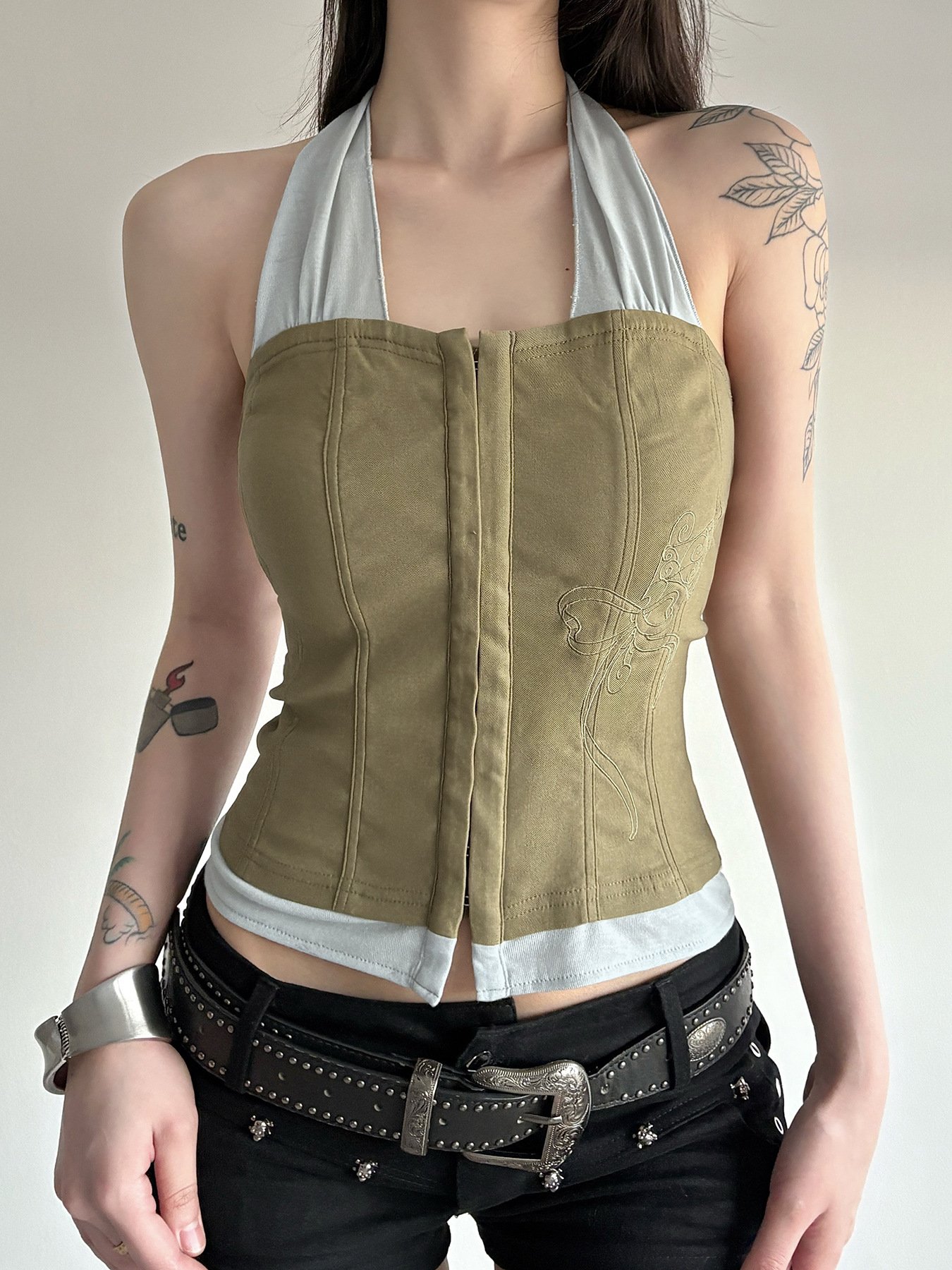 Vapetix S-L Vintage workwear style off-the-shoulder slimming waistline spliced fake two-piece vest women's new – Bild 3