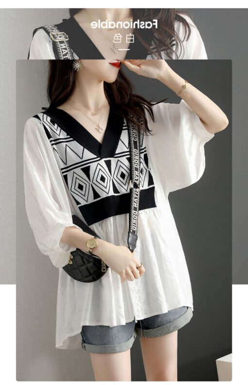 Vapetix M【Recommended within 60 kg】-3XL [Recommended 240-300 lbs]  Fat Sister Plus Size 2-300 lbs Summer Loose V-neck Fake Two Pieces Color Blocking Ice Silk Knit Spl – Bild 3