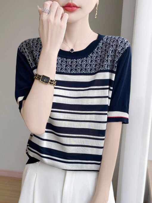 Vapetix M-XL  Summer New Round Neck Tencel Lyocell Knitted Short-sleeved T-shirt Women's Letter Striped Loose Sli – Bild 5