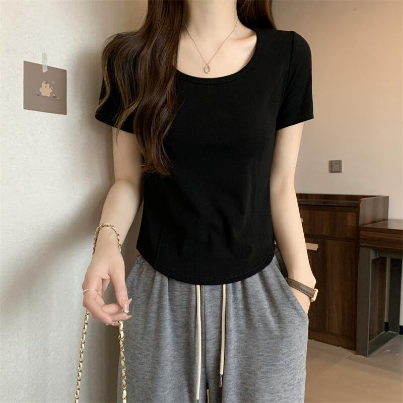 Vapetix M-XXL Square Collar Fishbone Short Sleeve T-Shirt for Women - Korean 2024 Summer Fitted Slimming Short-Sl – Bild 2