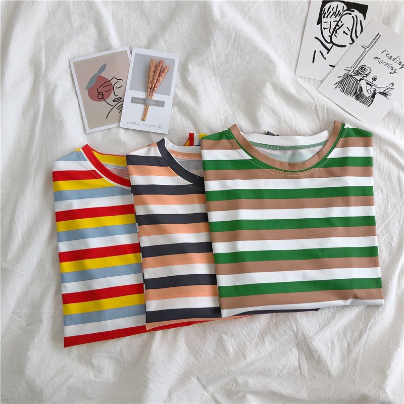 Vapetix M-2XL Summer Korean Version Best Friend Outfit Simple Color Striped Short-Sleeve T-Shirt for Women Japane - 图片 4