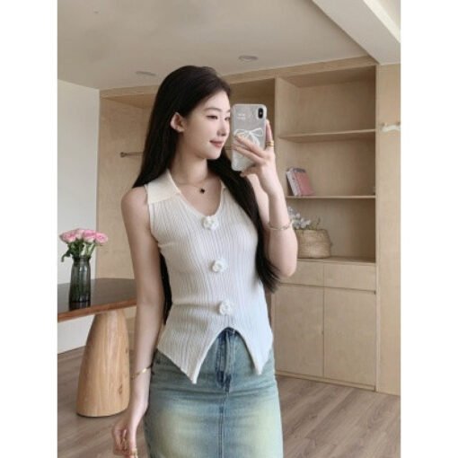 Vapetix Free Size-Free Size  3D floral stand-up collar sweet and spicy mini top spaghetti strap backless vest design-inspired ni