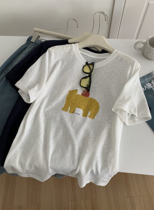 Vapetix Free Size-Free Size  Korean Version Lightweight Faux Suede Texture Polar Bear Print T-Shirt for Women, Drooping Cartoon – Bild 6