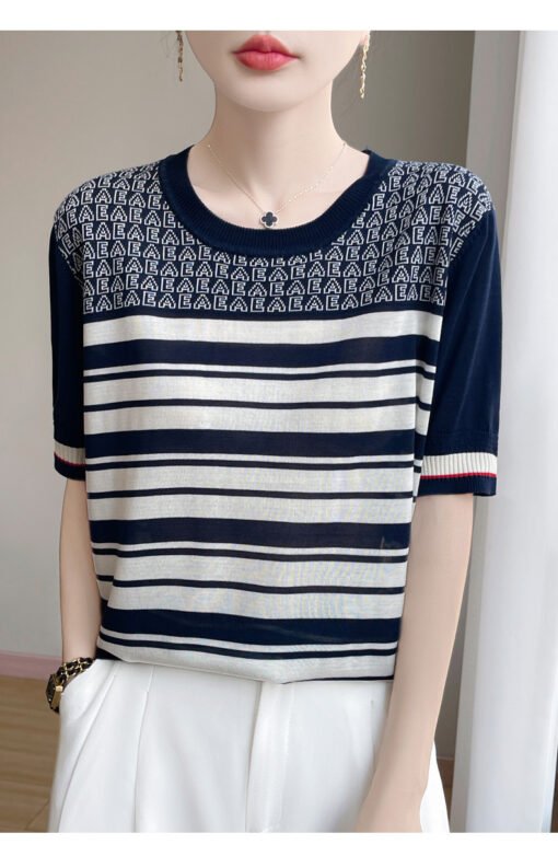 Vapetix M-XL  Summer New Round Neck Tencel Lyocell Knitted Short-sleeved T-shirt Women's Letter Striped Loose Sli – Bild 6