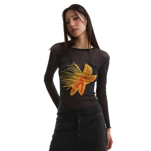Vapetix S-L  J25TP174 Cross-border Autumn New Women's All-match Slim-fit Floral Print See-through Round Neck Lon – Bild 3