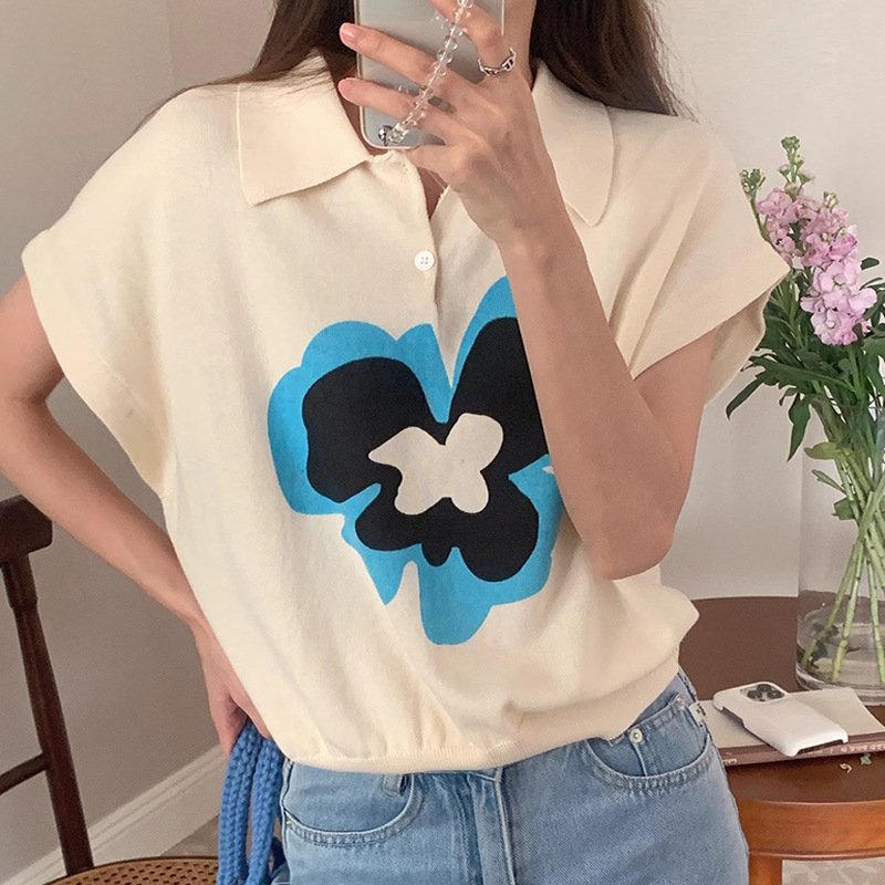 Vapetix Free Size-Free Size Soft and elegant ice silk knitted sweater for women 2024 summer flowers color blocking collar short – Bild 5