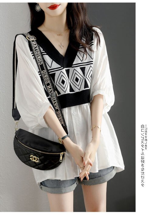 Vapetix M【Recommended within 60 kg】-3XL [Recommended 240-300 lbs]  Fat Sister Plus Size 2-300 lbs Summer Loose V-neck Fake Two Pieces Color Blocking Ice Silk Knit Spl – Bild 4
