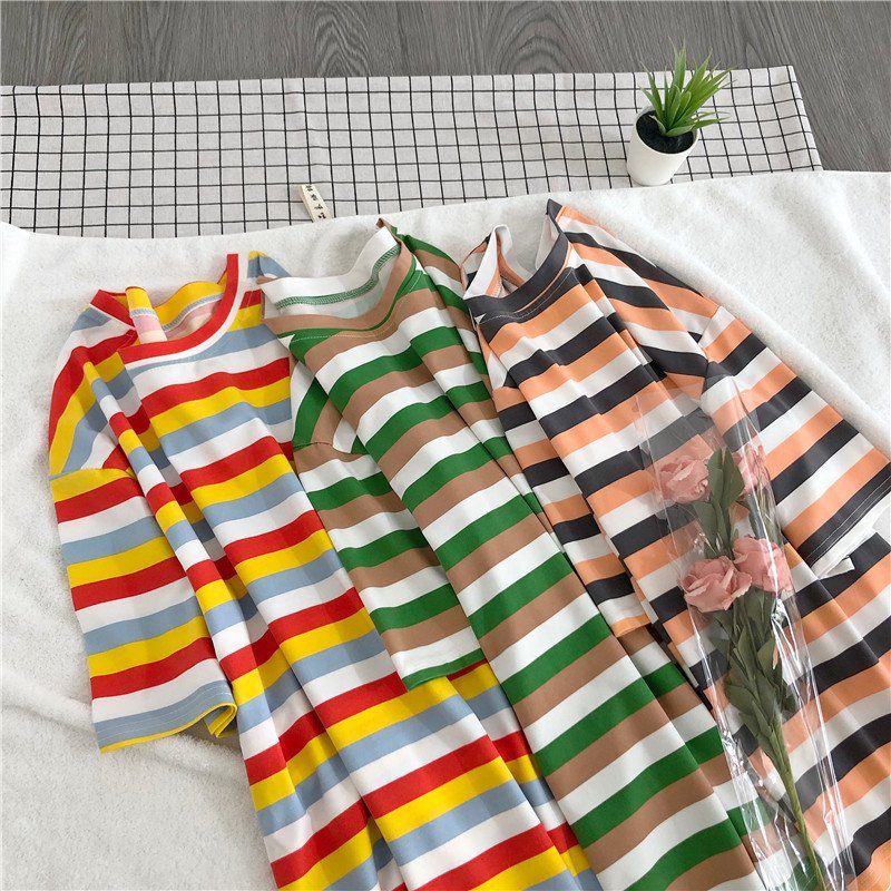 Vapetix M-2XL Summer Korean Version Best Friend Outfit Simple Color Striped Short-Sleeve T-Shirt for Women Japane - 图片 6
