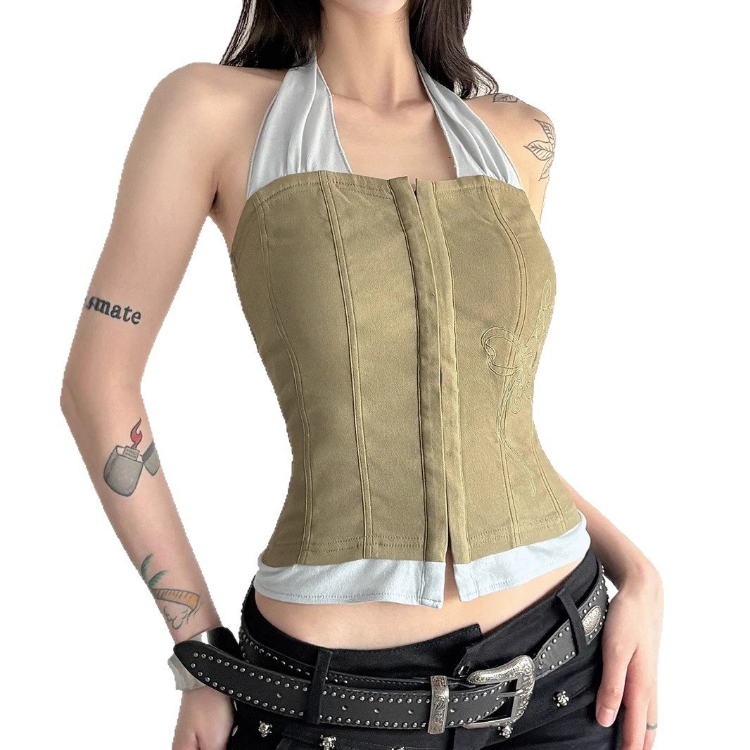 Vapetix S-L Vintage workwear style off-the-shoulder slimming waistline spliced fake two-piece vest women's new – Bild 4