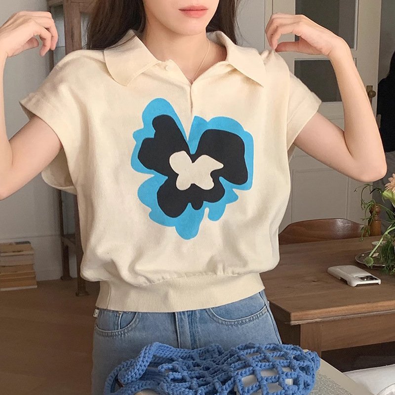 Vapetix Free Size-Free Size Soft and elegant ice silk knitted sweater for women 2024 summer flowers color blocking collar short – Bild 6