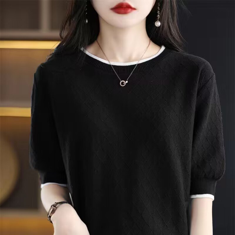 Vapetix S-XXL Women's Versatile Semi-Sleeve Blended Cotton Knit Crew Neck T-Shirt - Summer 2023 New Color Block L – Bild 6
