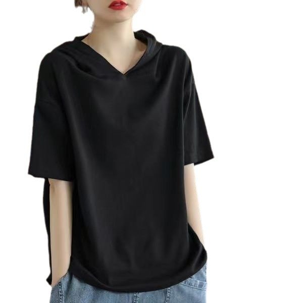 Vapetix L suggests 100-120 pounds- Women's Summer Thin Black Hooded Sweatshirt with Cap, New Style Short Sleeve Base Top for Outerwear – Bild 6