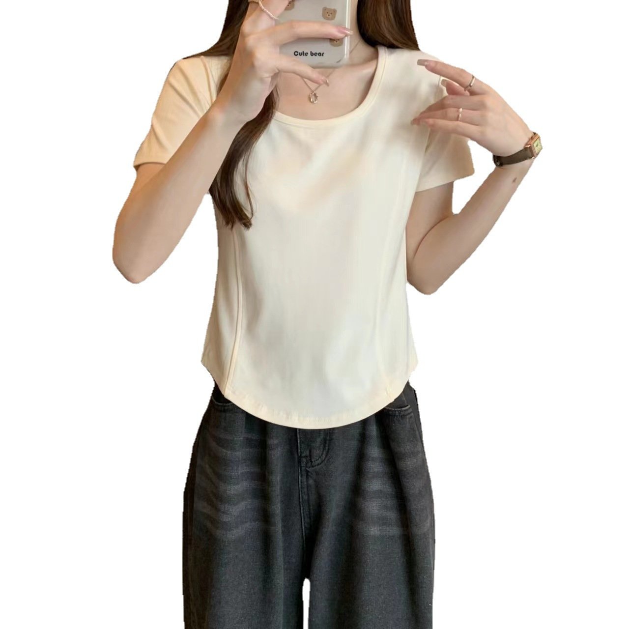 Vapetix M-XXL Square Collar Fishbone Short Sleeve T-Shirt for Women - Korean 2024 Summer Fitted Slimming Short-Sl – Bild 4