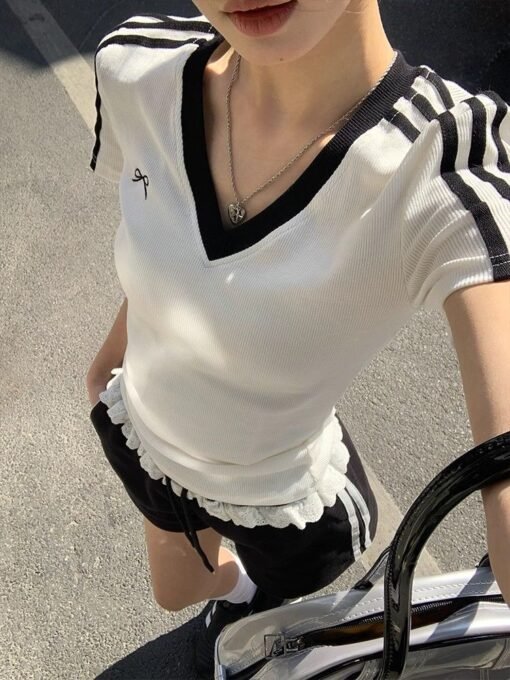 Vapetix S-2XL  【Bestselling Store】Sweet and Cool Butterfly Knot V-Neck Color-Coded Shoulder-Strap Short-Sleeve T-S – Bild 7