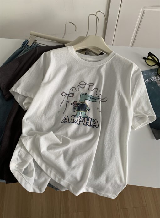 Vapetix Unisex size 85-125 lbs-Unisex size 85-125 lbs  Lightweight breathable imitation flax feel short-sleeved women's age-defying Korean cartoon T-shirt – Bild 5