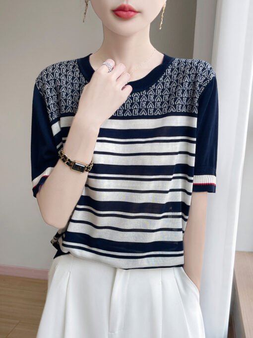Vapetix M-XL  Summer New Round Neck Tencel Lyocell Knitted Short-sleeved T-shirt Women's Letter Striped Loose Sli – Bild 7