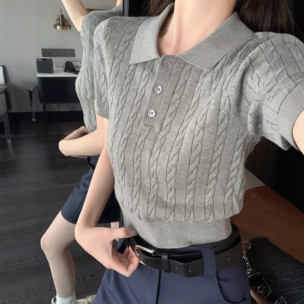 Vapetix S-L Old Money Polo Collared Cashmere Pattern Knit Short Sleeve Women's Spring Summer Regular Shoulder B – Bild 3