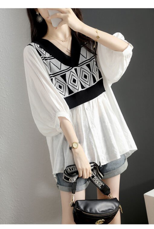 Vapetix M【Recommended within 60 kg】-3XL [Recommended 240-300 lbs]  Fat Sister Plus Size 2-300 lbs Summer Loose V-neck Fake Two Pieces Color Blocking Ice Silk Knit Spl – Bild 5