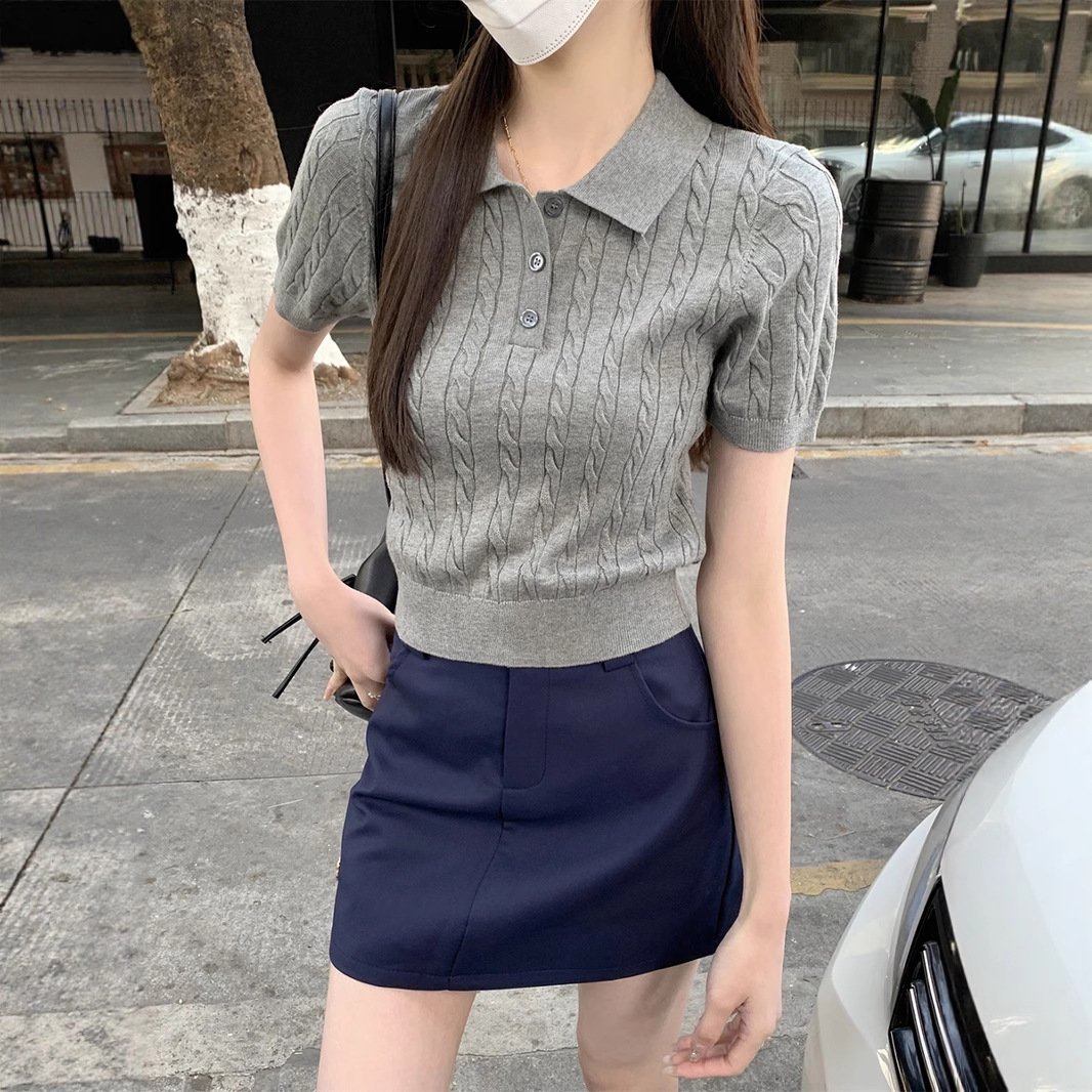 Vapetix S-L Old Money Polo Collared Cashmere Pattern Knit Short Sleeve Women's Spring Summer Regular Shoulder B – Bild 4