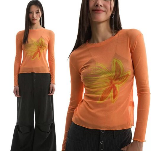 Vapetix S-L  J25TP174 Cross-border Autumn New Women's All-match Slim-fit Floral Print See-through Round Neck Lon – Bild 4