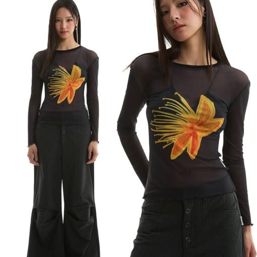 Vapetix S-L  J25TP174 Cross-border Autumn New Women's All-match Slim-fit Floral Print See-through Round Neck Lon – Bild 6