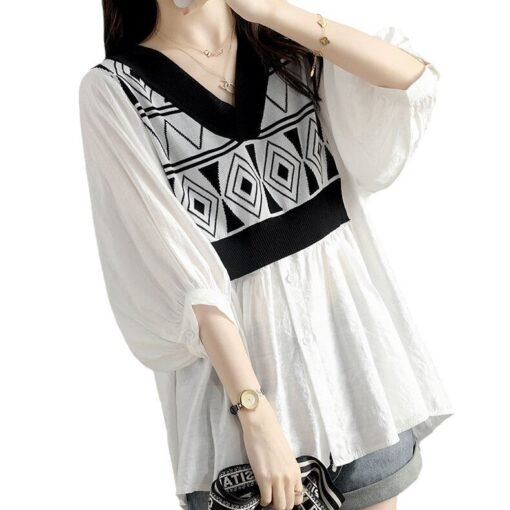 Vapetix M【Recommended within 60 kg】-3XL [Recommended 240-300 lbs]  Fat Sister Plus Size 2-300 lbs Summer Loose V-neck Fake Two Pieces Color Blocking Ice Silk Knit Spl – Bild 6