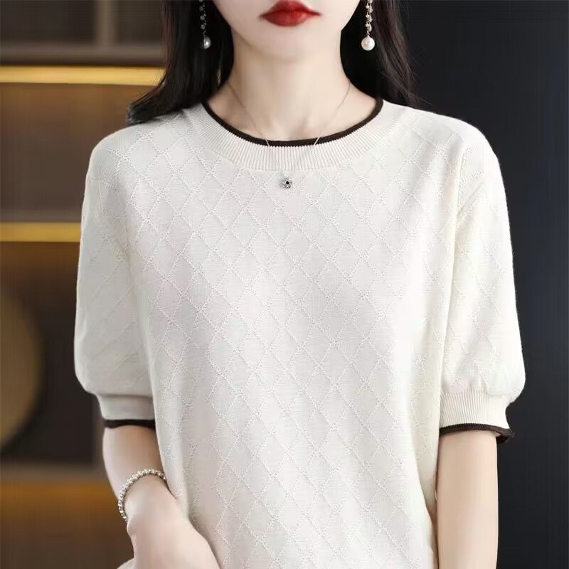 Vapetix S-XXL Women's Versatile Semi-Sleeve Blended Cotton Knit Crew Neck T-Shirt - Summer 2023 New Color Block L – Bild 7