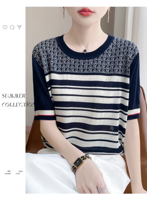 Vapetix M-XL  Summer New Round Neck Tencel Lyocell Knitted Short-sleeved T-shirt Women's Letter Striped Loose Sli – Bild 8