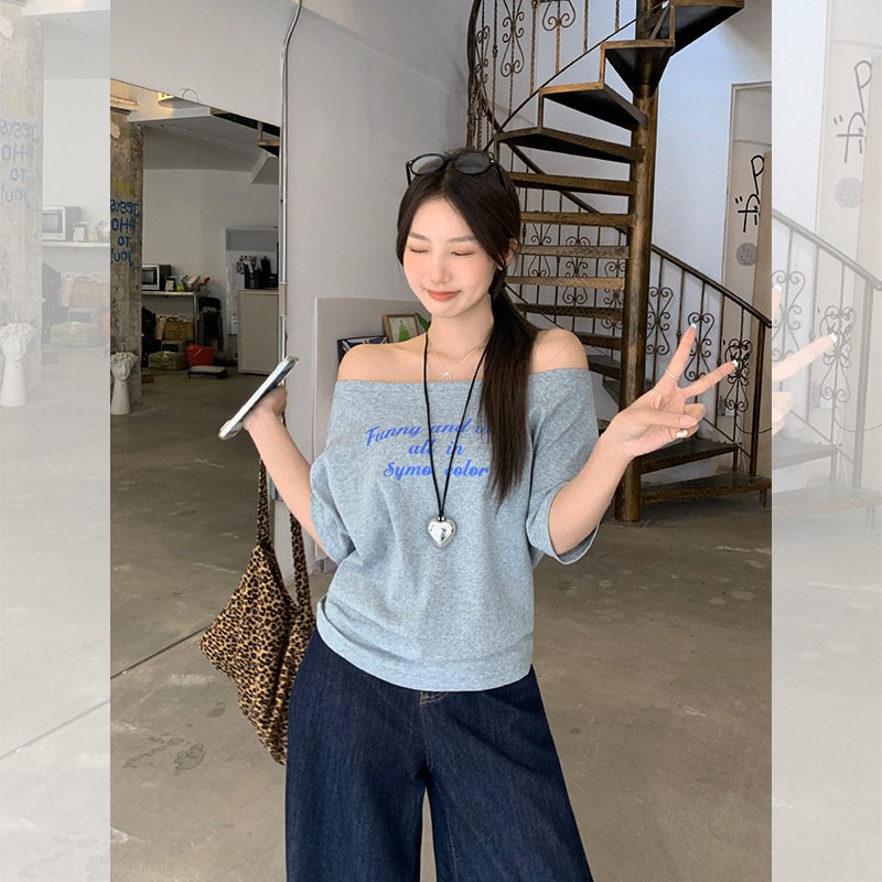 Vapetix S-XL Summer 2025 OOTD Outfit: Off-shoulder and One-shoulder Letter Print Short-sleeve T-shirt for Women, - 图片 6