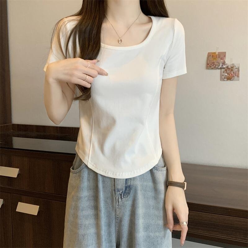 Vapetix M-XXL Square Collar Fishbone Short Sleeve T-Shirt for Women - Korean 2024 Summer Fitted Slimming Short-Sl – Bild 5