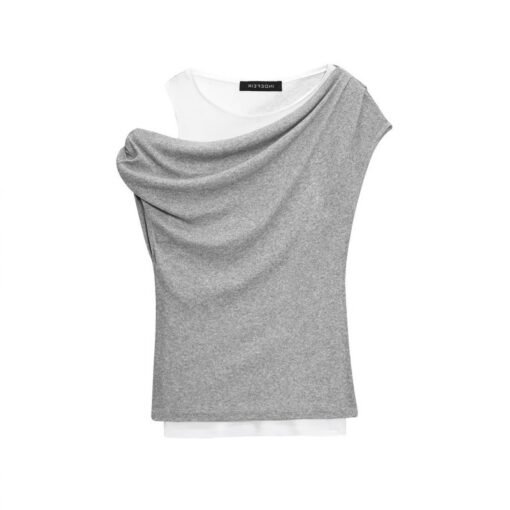 Vapetix XS-L  TAOP & ZA summer new women's commuter fashion asymmetric double contrast stitching fake two T-shirt – Bild 7
