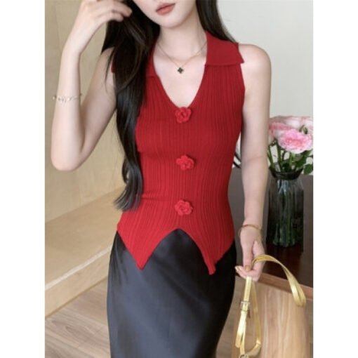 Vapetix Free Size-Free Size  3D floral stand-up collar sweet and spicy mini top spaghetti strap backless vest design-inspired ni – Bild 3