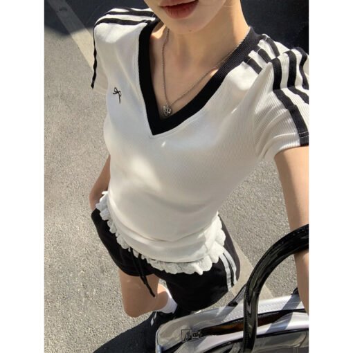 Vapetix S-2XL  【Bestselling Store】Sweet and Cool Butterfly Knot V-Neck Color-Coded Shoulder-Strap Short-Sleeve T-S – Bild 9