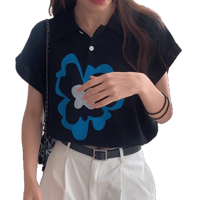 Vapetix Free Size-Free Size Soft and elegant ice silk knitted sweater for women 2024 summer flowers color blocking collar short – Bild 8