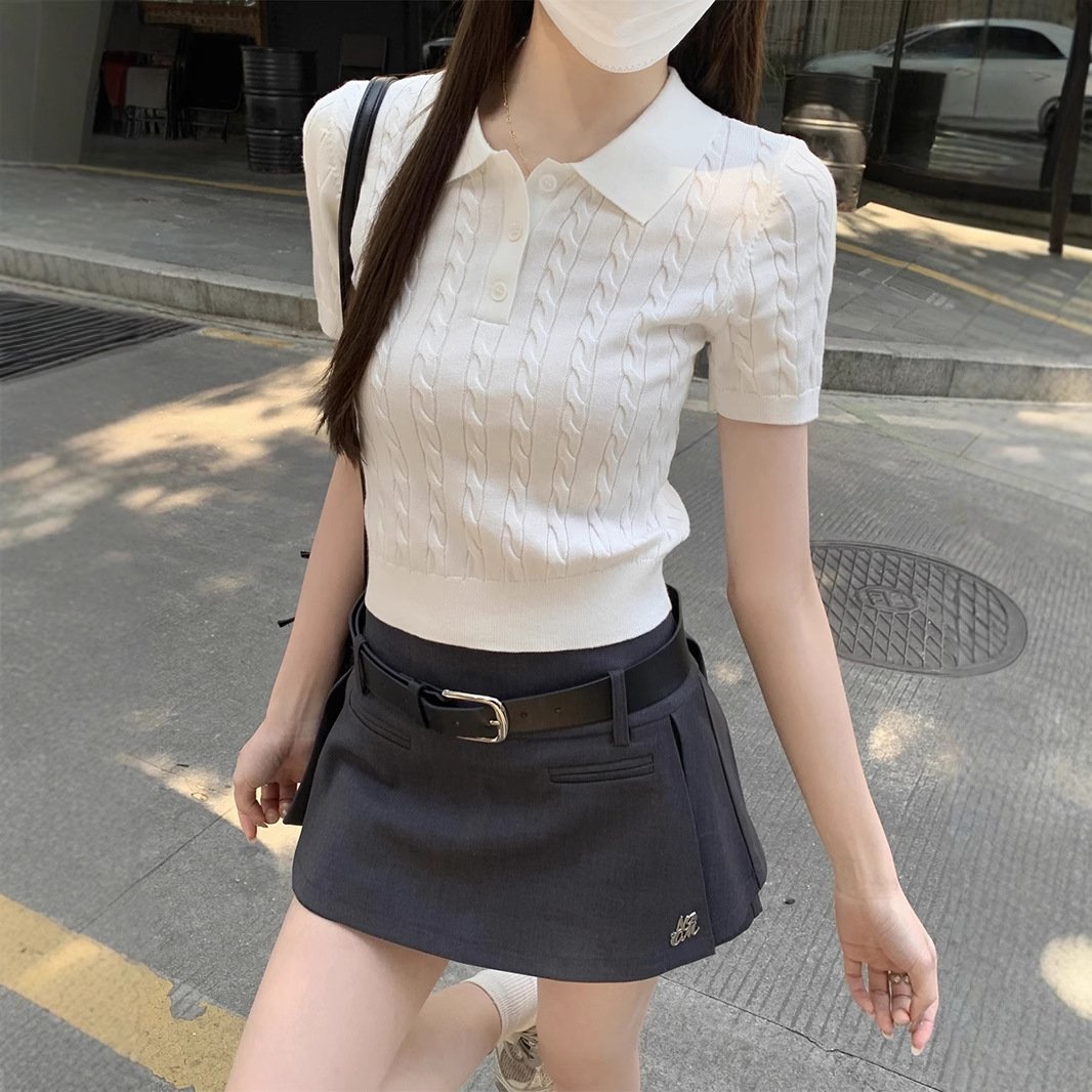 Vapetix S-L Old Money Polo Collared Cashmere Pattern Knit Short Sleeve Women's Spring Summer Regular Shoulder B – Bild 6