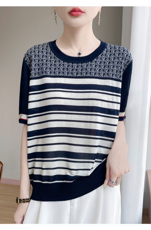 Vapetix M-XL  Summer New Round Neck Tencel Lyocell Knitted Short-sleeved T-shirt Women's Letter Striped Loose Sli – Bild 9