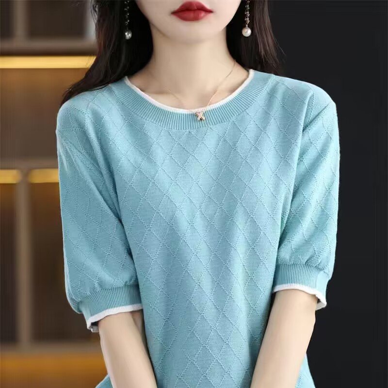 Vapetix S-XXL Women's Versatile Semi-Sleeve Blended Cotton Knit Crew Neck T-Shirt - Summer 2023 New Color Block L – Bild 9