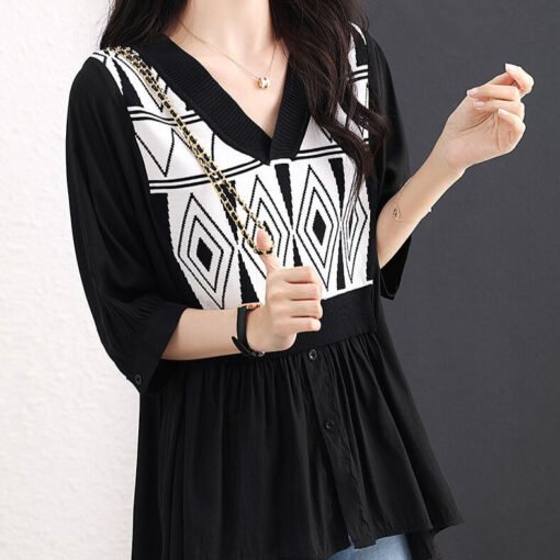 Vapetix M【Recommended within 60 kg】-3XL [Recommended 240-300 lbs]  Fat Sister Plus Size 2-300 lbs Summer Loose V-neck Fake Two Pieces Color Blocking Ice Silk Knit Spl – Bild 7