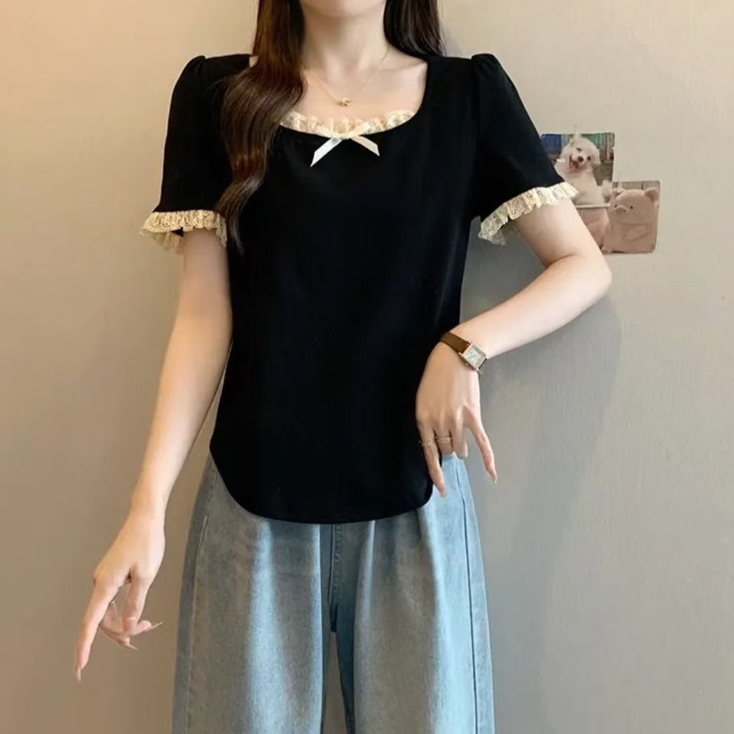 Vapetix L 100-120-3XL 150-170 French butterfly bow regular shoulder lace edge short sleeve T-shirt for women, stylish and trendy – Bild 8