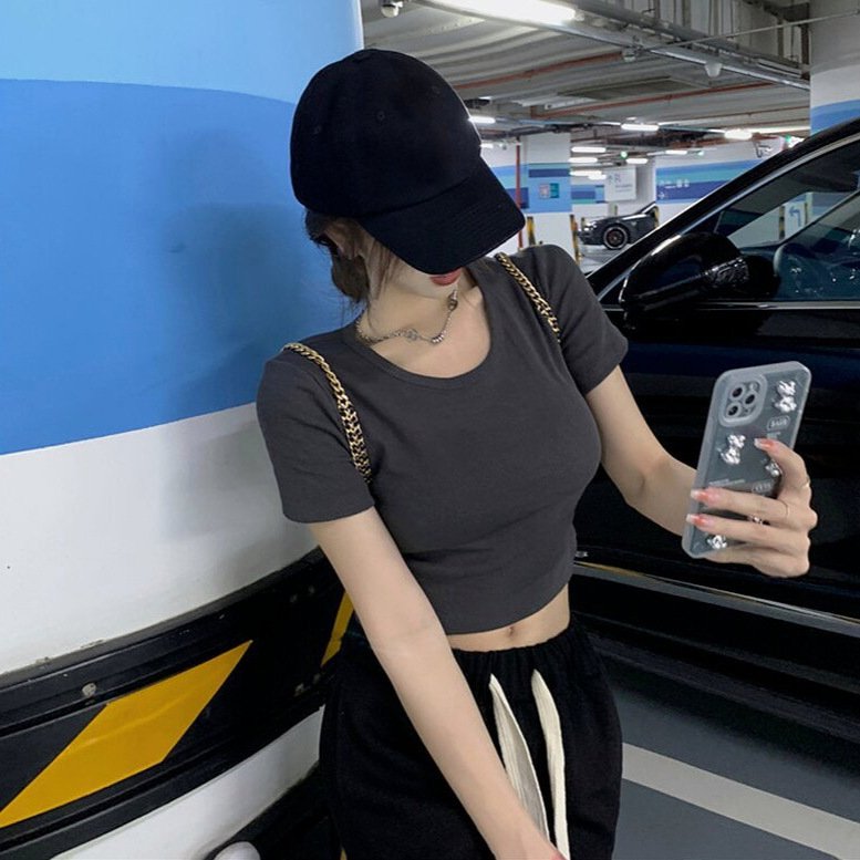 Vapetix S-XL Women's Summer New Round Neck Nipple-Baring Short-Sleeve Base Top with Design Sense, Outwear, Hot G – Bild 3