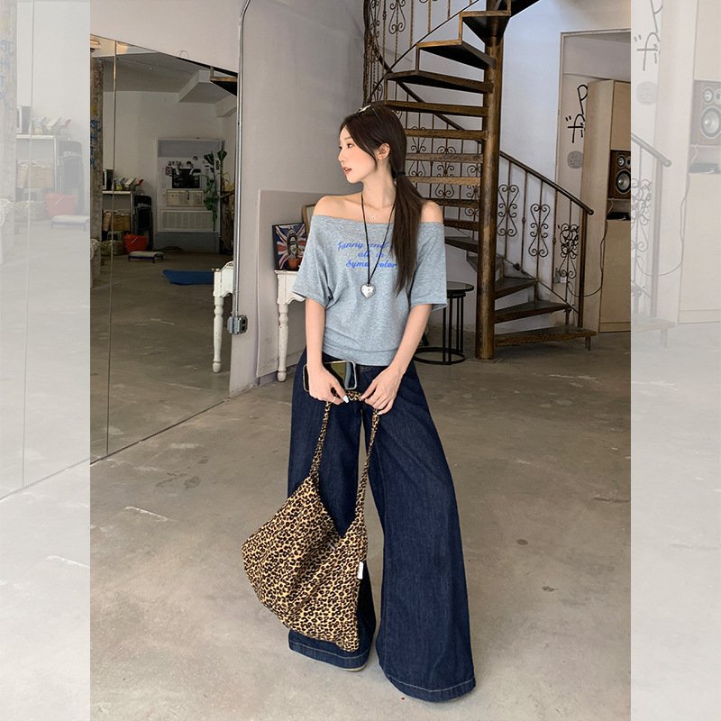 Vapetix S-XL Summer 2025 OOTD Outfit: Off-shoulder and One-shoulder Letter Print Short-sleeve T-shirt for Women, - 图片 8