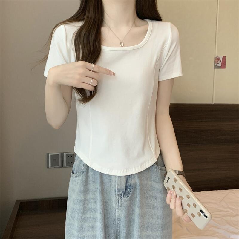 Vapetix M-XXL Square Collar Fishbone Short Sleeve T-Shirt for Women - Korean 2024 Summer Fitted Slimming Short-Sl – Bild 6