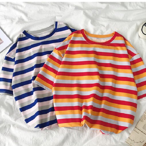 Vapetix M-3XL  Summer Loose and Simple Striped Short-Sleeve T-Shirt for Women, Japanese and Korean Style Casual Ne – Bild 7