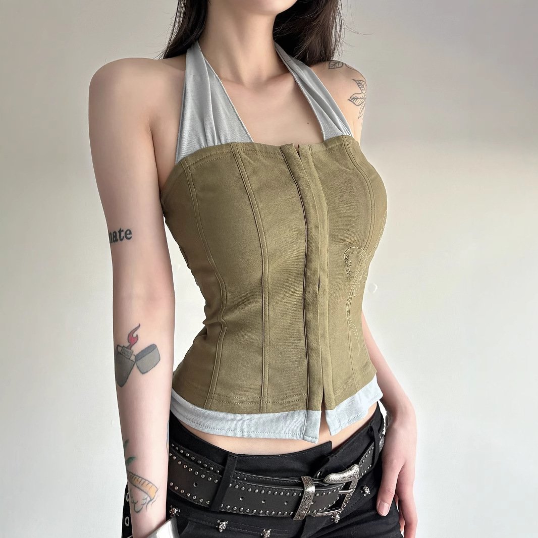 Vapetix S-L Vintage workwear style off-the-shoulder slimming waistline spliced fake two-piece vest women's new – Bild 6