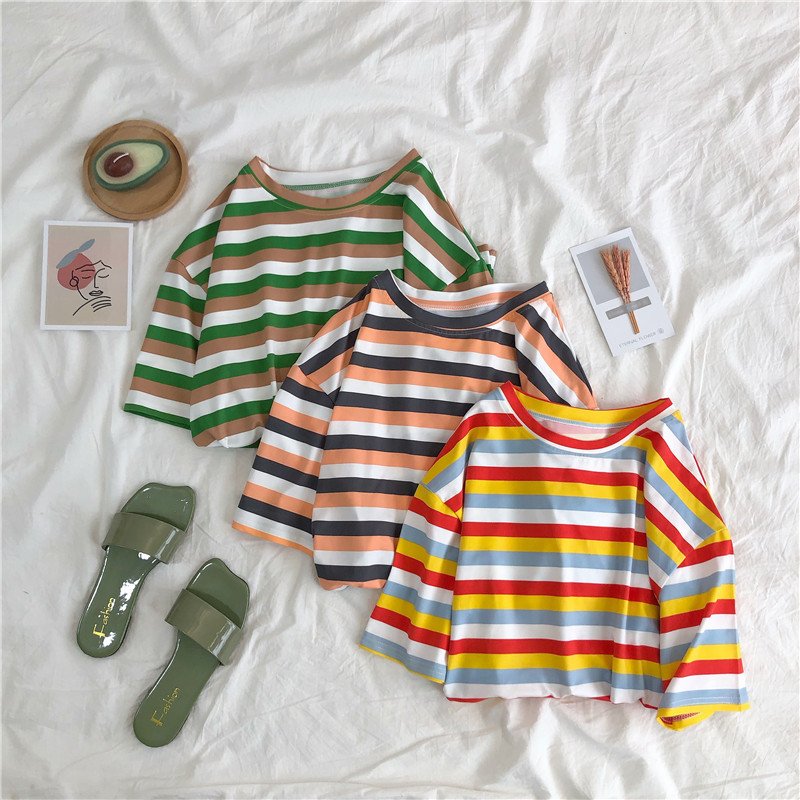Vapetix M-2XL Summer Korean Version Best Friend Outfit Simple Color Striped Short-Sleeve T-Shirt for Women Japane - 图片 8