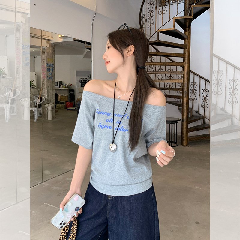 Vapetix S-XL Summer 2025 OOTD Outfit: Off-shoulder and One-shoulder Letter Print Short-sleeve T-shirt for Women, - 图片 9
