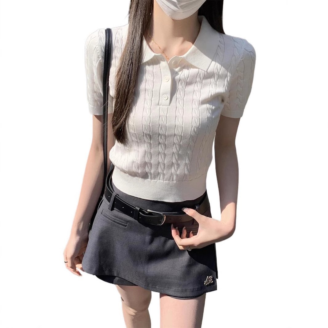 Vapetix S-L Old Money Polo Collared Cashmere Pattern Knit Short Sleeve Women's Spring Summer Regular Shoulder B – Bild 7