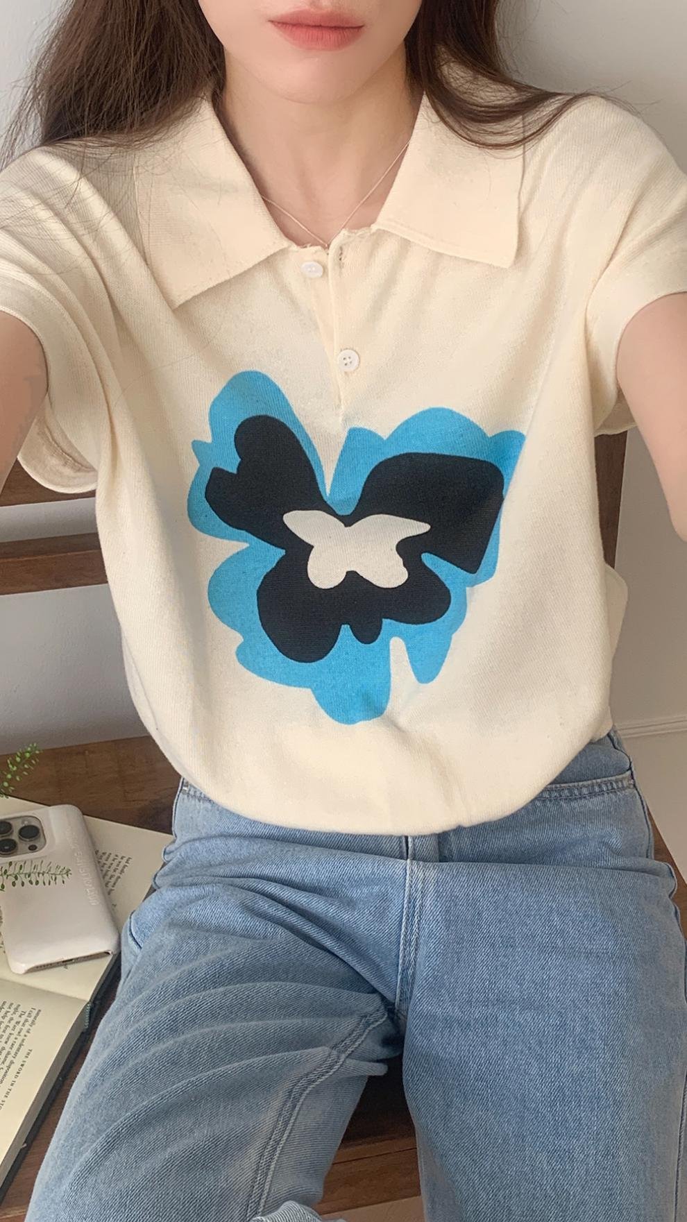 Vapetix Free Size-Free Size Soft and elegant ice silk knitted sweater for women 2024 summer flowers color blocking collar short – Bild 9