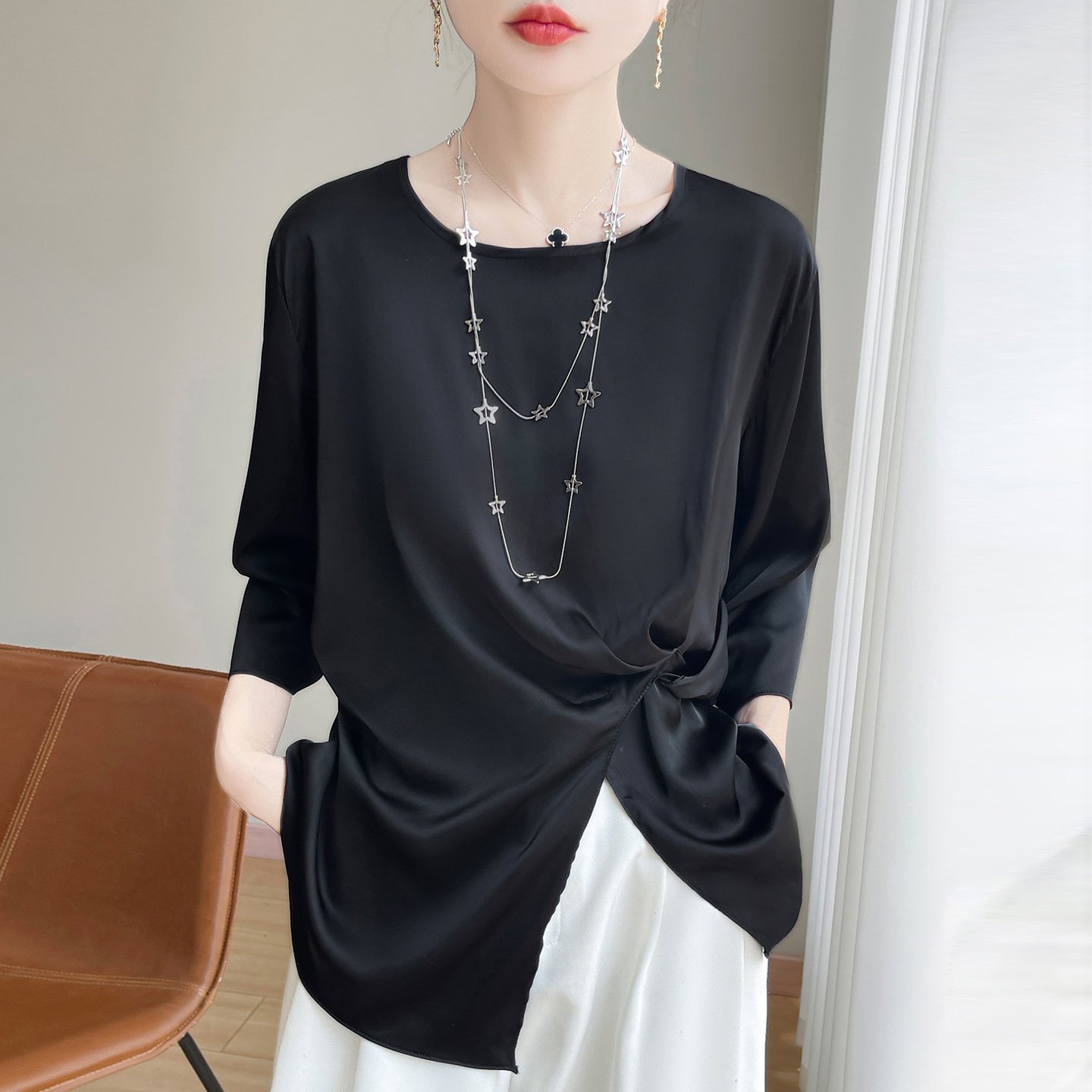 Vapetix M-XXL Summer New Breathable Lightweight Silk Satin Knitted Short Sleeve Irregular Design Women's Round Ne – Bild 7