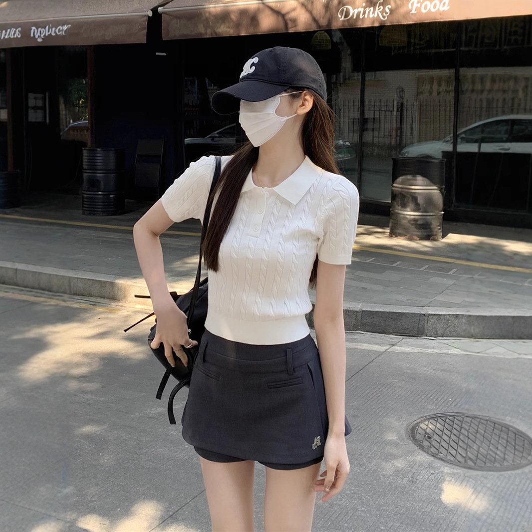 Vapetix S-L Old Money Polo Collared Cashmere Pattern Knit Short Sleeve Women's Spring Summer Regular Shoulder B – Bild 8
